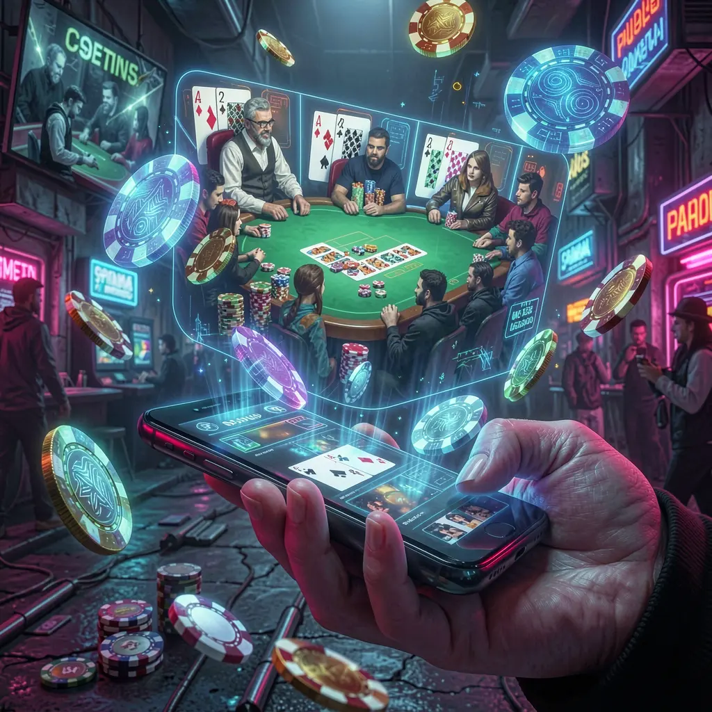 Futuristic casino app interface with glowing chips and a smartphone display showcasing immersive mobile gaming on 9F999 in Bangladesh