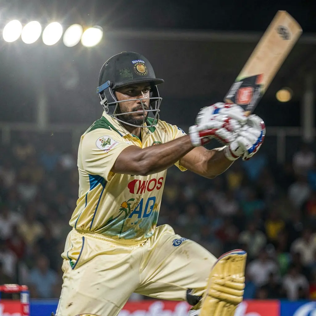 Dynamic cricket action with a batsman playing an aggressive shot under stadium lights reflecting the excitement of 9F999 sports betting in Bangladesh