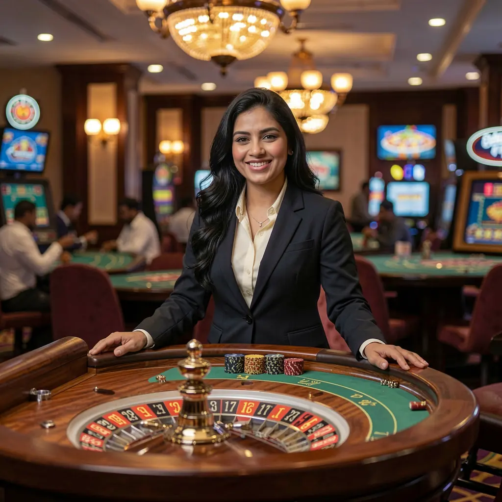 Confident Bangladeshi live casino dealer standing at a glowing roulette table in a modern casino studio on 9F999 Casino
