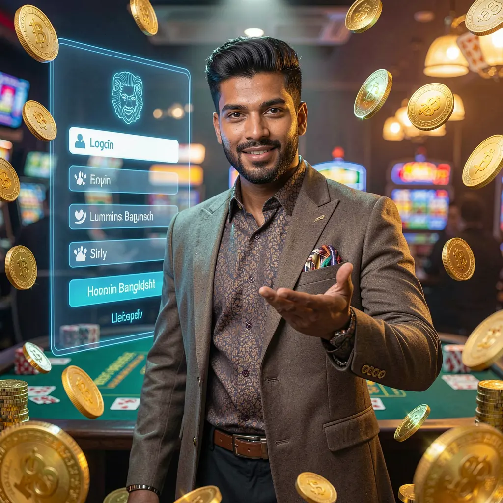 Confident Bangladeshi casino ambassador surrounded by golden coins in front of a holographic login interface representing secure access at 9F999