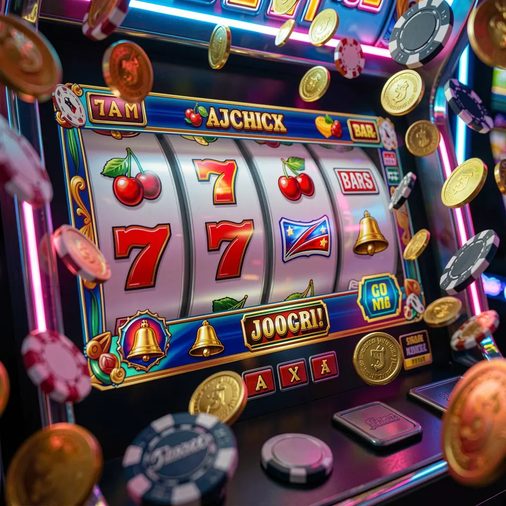 Bright and colorful slot reels showing sevens cherries and bars with sparkling coins highlighting big win excitement at 9F999 online casino in Bangladesh